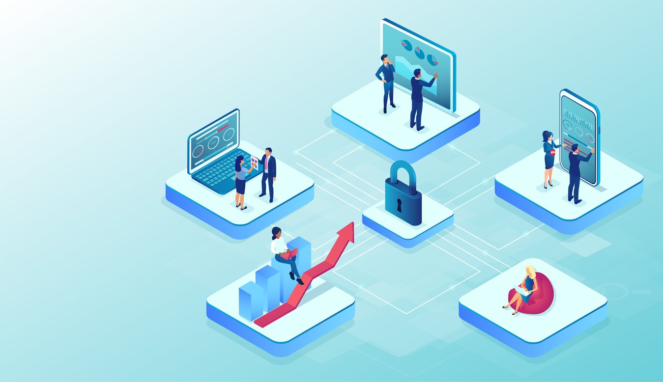 Vector of a businesspeople working on computers online securely interconnected Managed IT Services